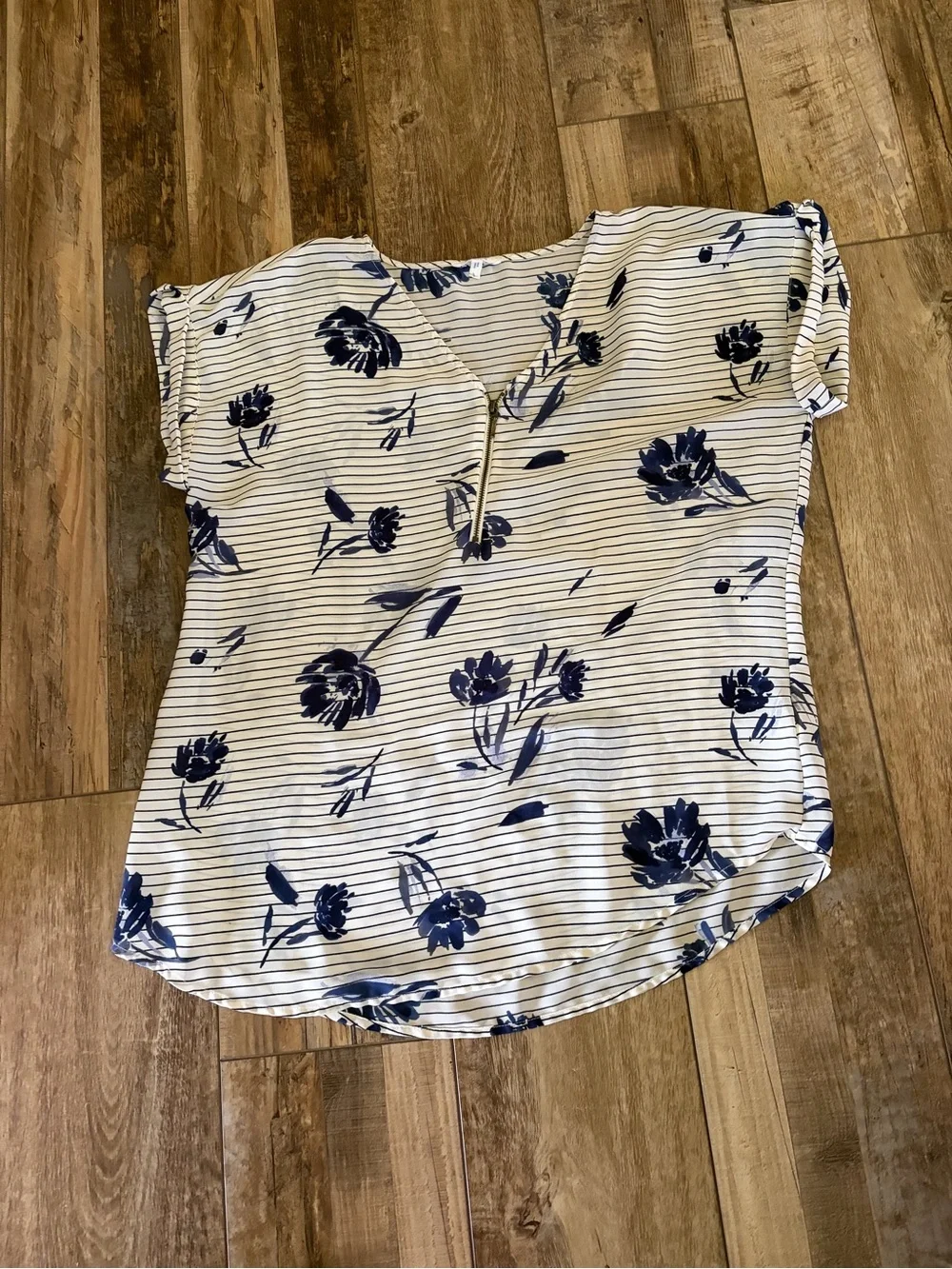 Maurices White and Navy Floral Stripe Tie-Front Blouse - Picture 1 of 4